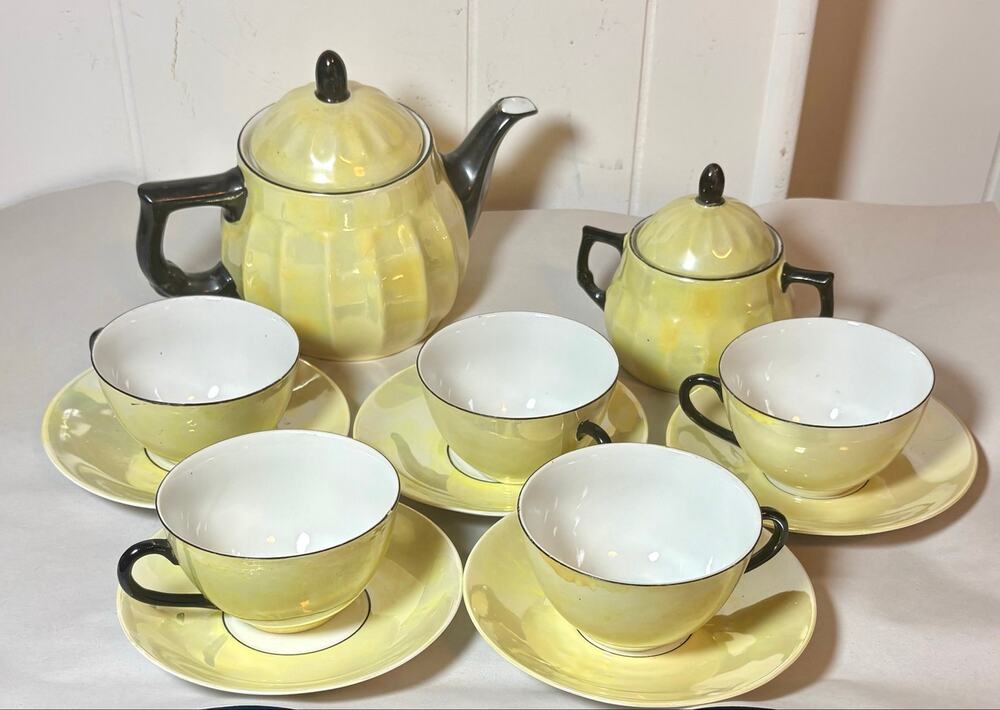Vintage MCM Art Deco Yellow Lusterware Tea 14 Piece Set Teapot Cups Saucers